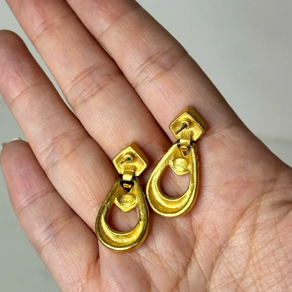 Vintage GIVENCHY Matte Gold Tone Door Knocker Style Pierced Earrings